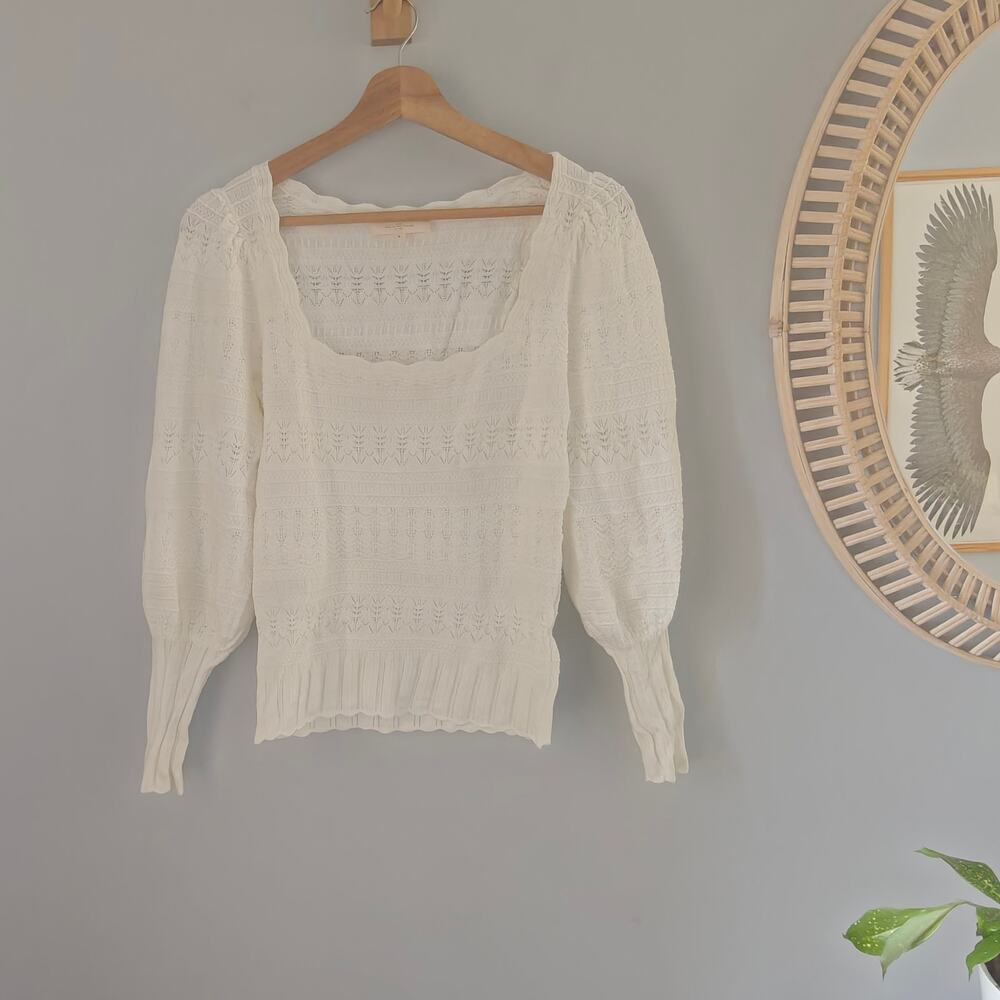 SEZANE Ronnie Jumper Ecru Pointelle Square Neck Balloon Sleeve Sweater S